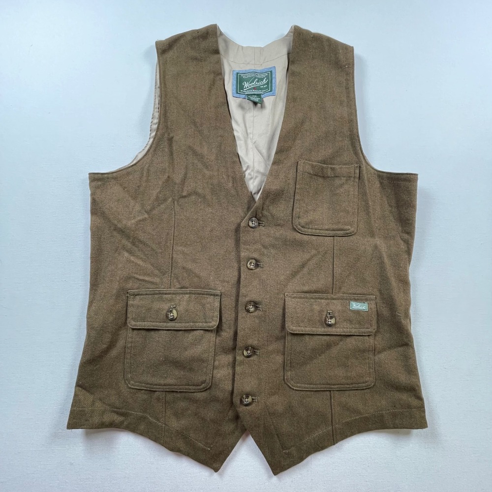 Woolrich Mens Olive Brown Herringbone Wool Blend Utility Vest Size M 18402